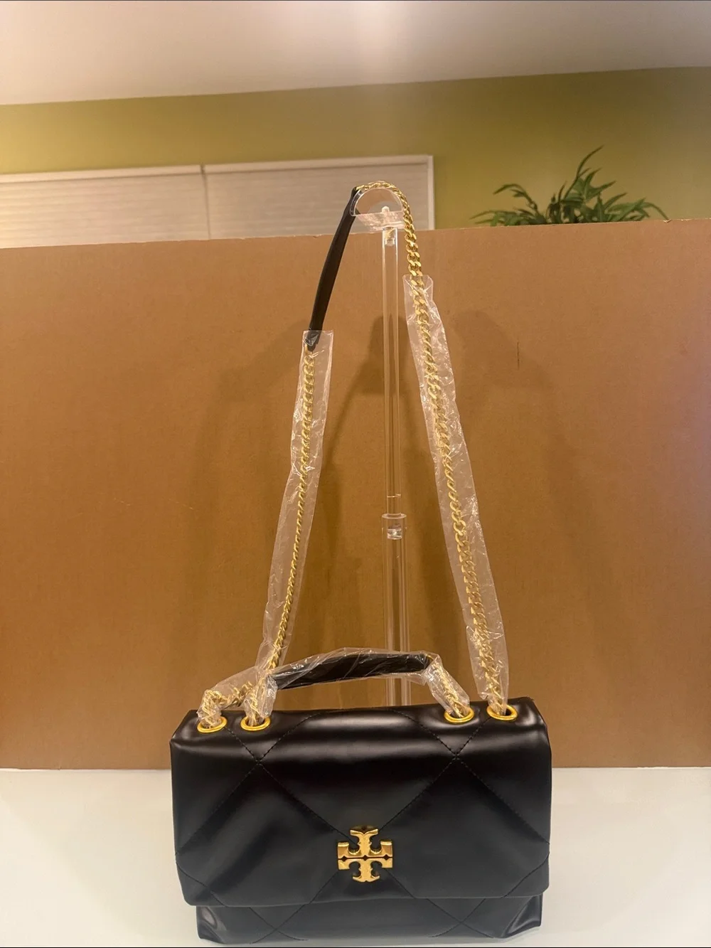 Tory Burch Black Quilted Leather Shoulder Bag with Gold Logo Chain